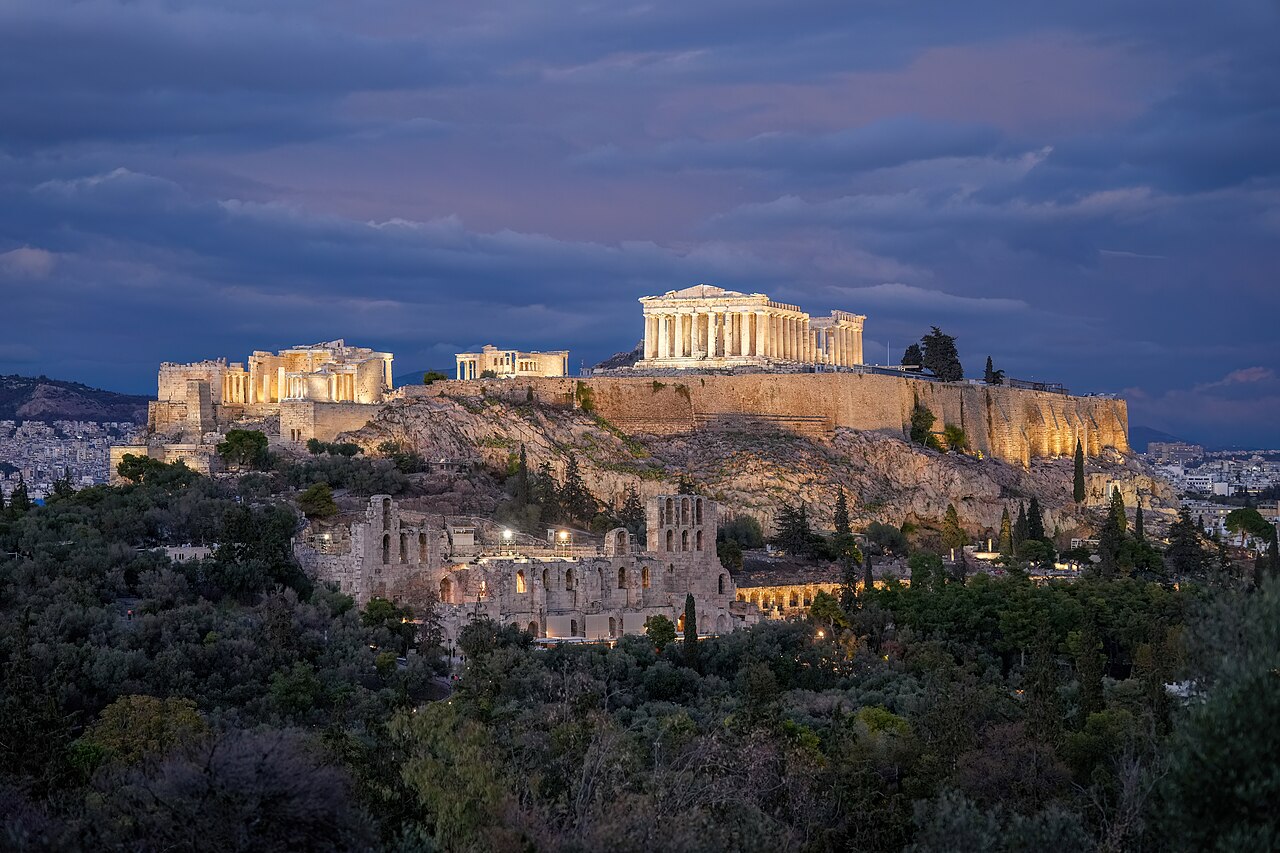 Acropolis of Athens illuminated at night, Greece