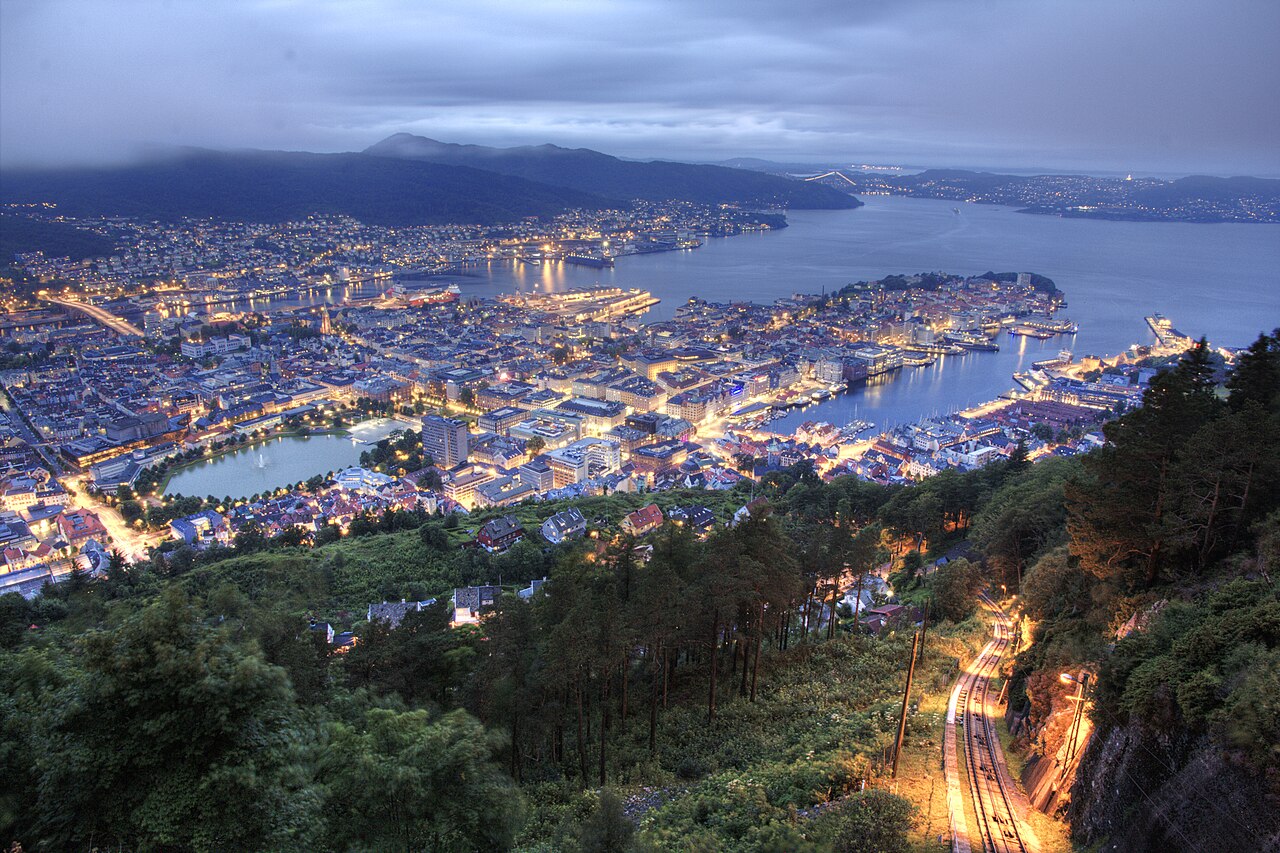 Bergen's waterfront and hills at night, Norway