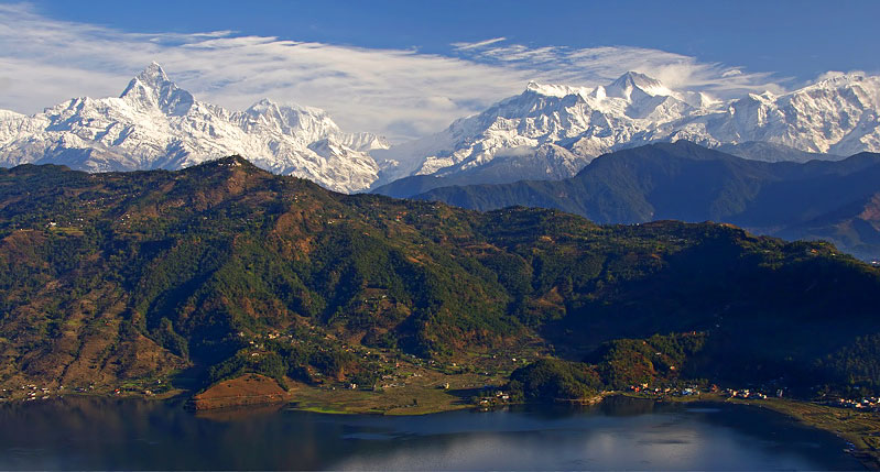 The Annapurna range and Phewa Lake viewed from above Pokhara, Nepal