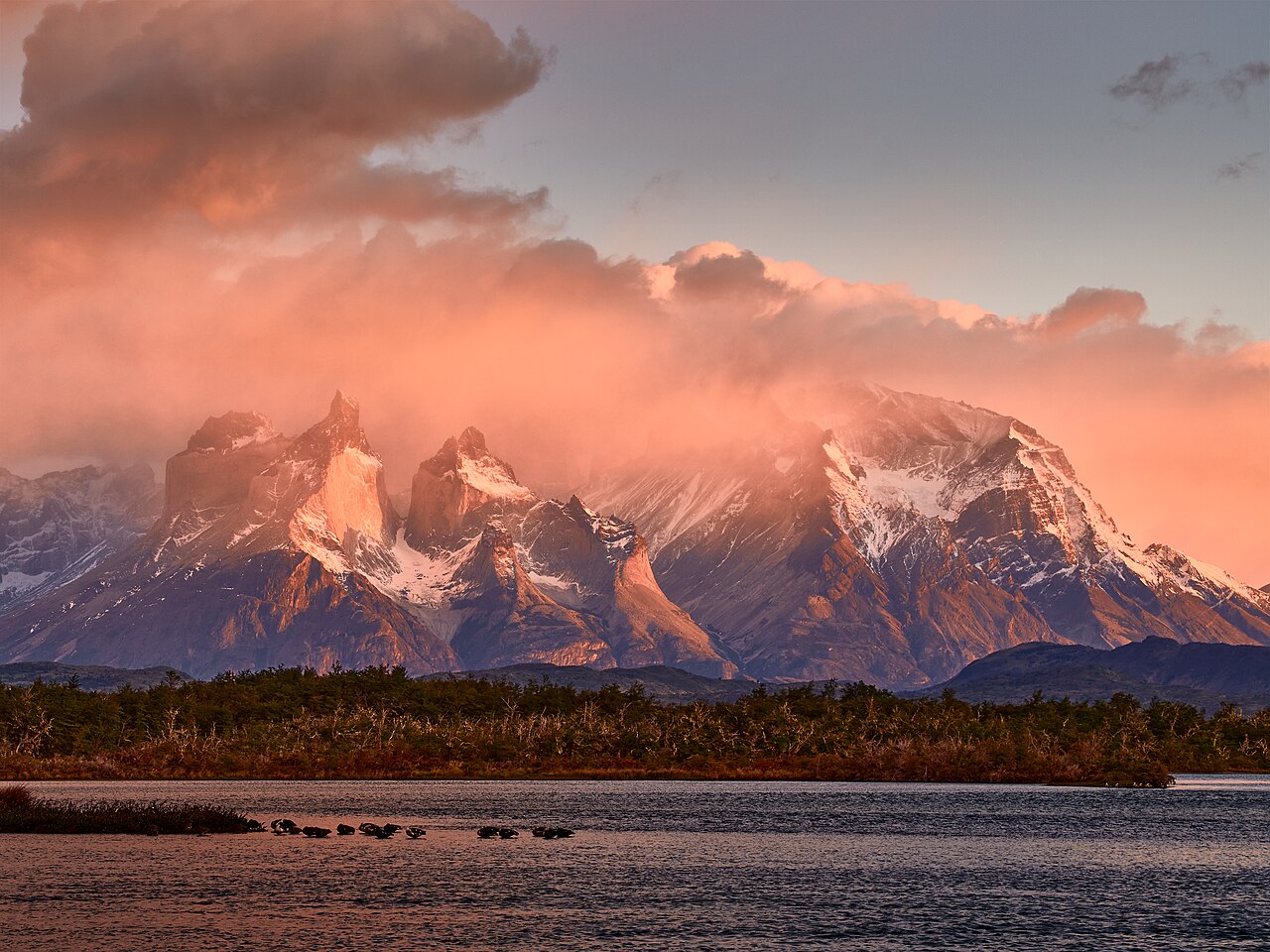 Cuernos del Paine viewed from Lake Pehoé, Torres del Paine National Park, Chile